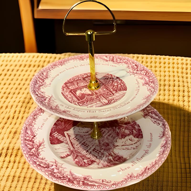 磁州窑国营时期强化瓷，釉中彩，两层蛋糕盘，大27厘米小20厘米