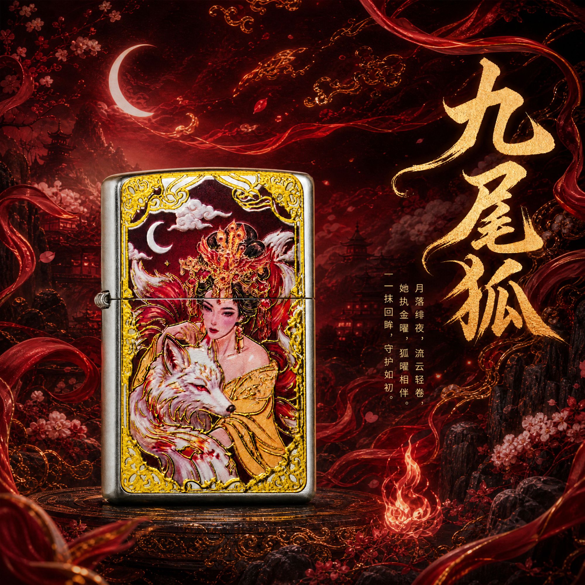 国潮限定 Zippo 【九尾狐】打火机 珐琅描金工艺 防风煤油款