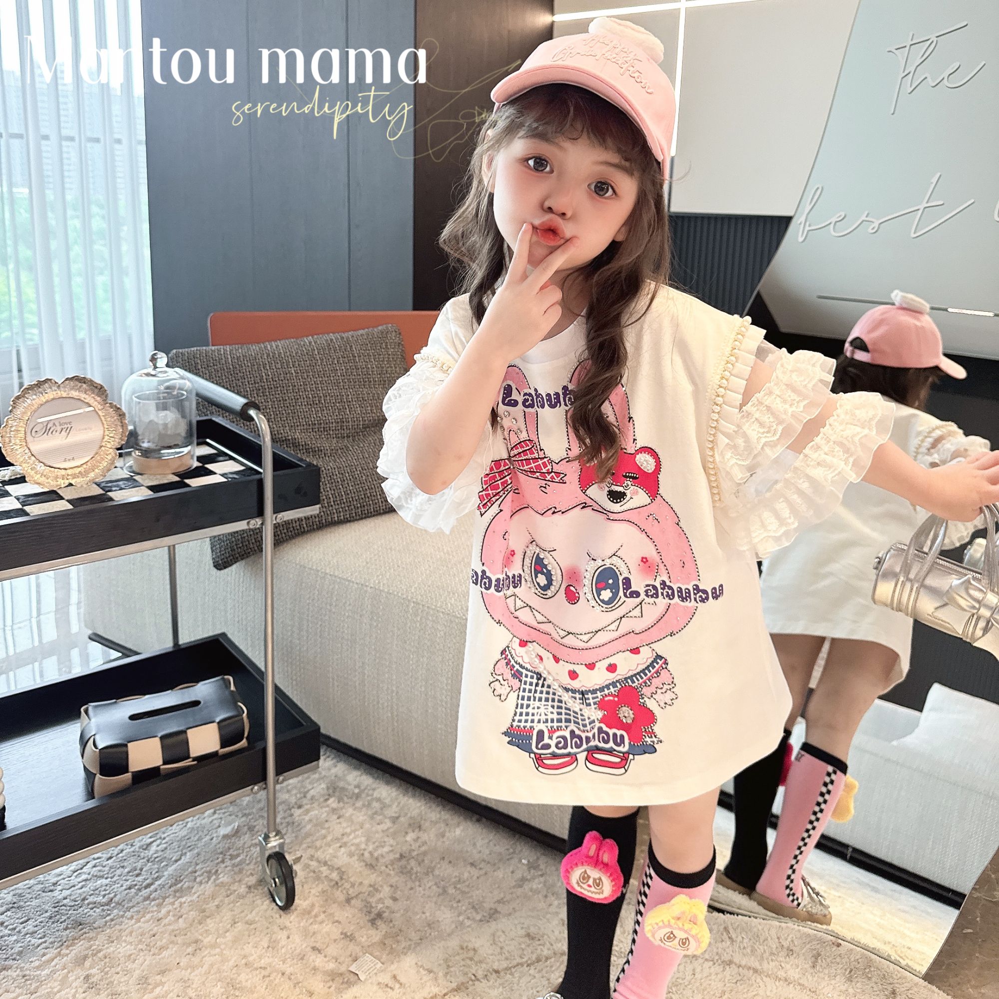 【Mantoumama】【现货】蕾丝网纱珍珠t裙甜美高级少女风夏季女童