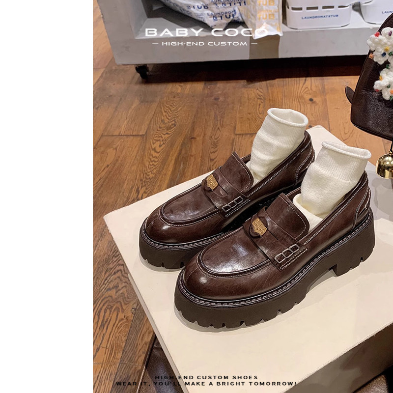 MHYM~5.5cm厚底小金币乐福鞋女英伦小个子显高棕色小皮鞋粗跟单鞋