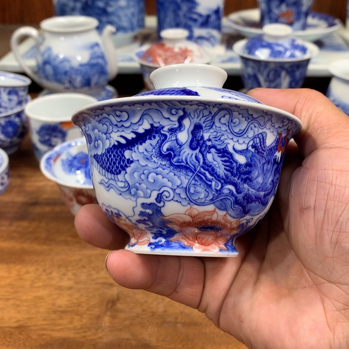 自成堂柴窑青花龙凤盖碗