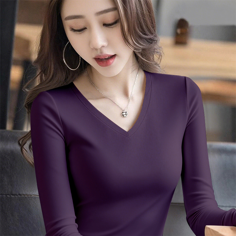 V领长袖t恤女2025秋冬新款修身显瘦鸡心领内搭薄款百搭打底衫潮