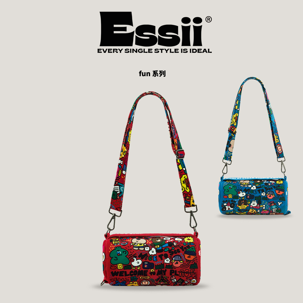 涂鸦原创插画师联名款撞色休闲运动圆筒包时尚手提斜挎包