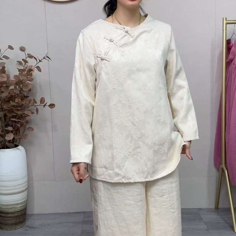 复古盘扣棉麻提花内里包边长袖套头衬衫女文艺新中式国风上衣