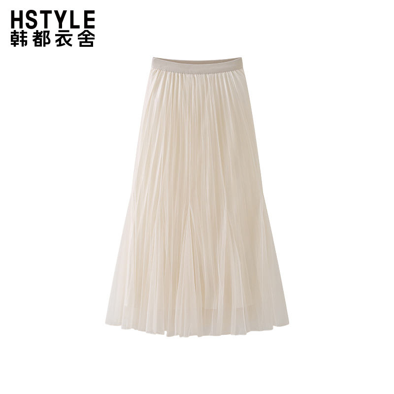 韩都衣舍时尚松紧网纱褶皱双面穿半身裙a字显瘦仙女裙子夏季新款