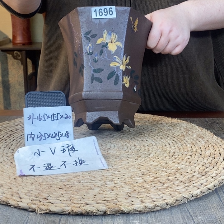 紫砂花盆  瑕疵高温紫泥玉兰彩绘束腰六方1696