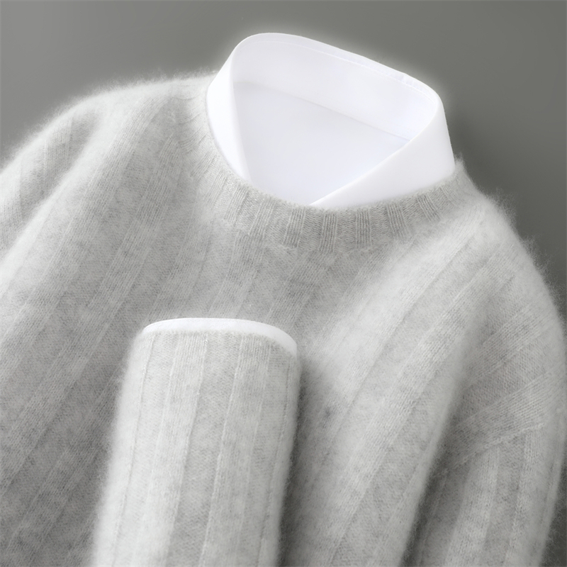 2025秋冬新款一线成衣加厚100%纯羊毛男圆领抽条宽松针织打底衫