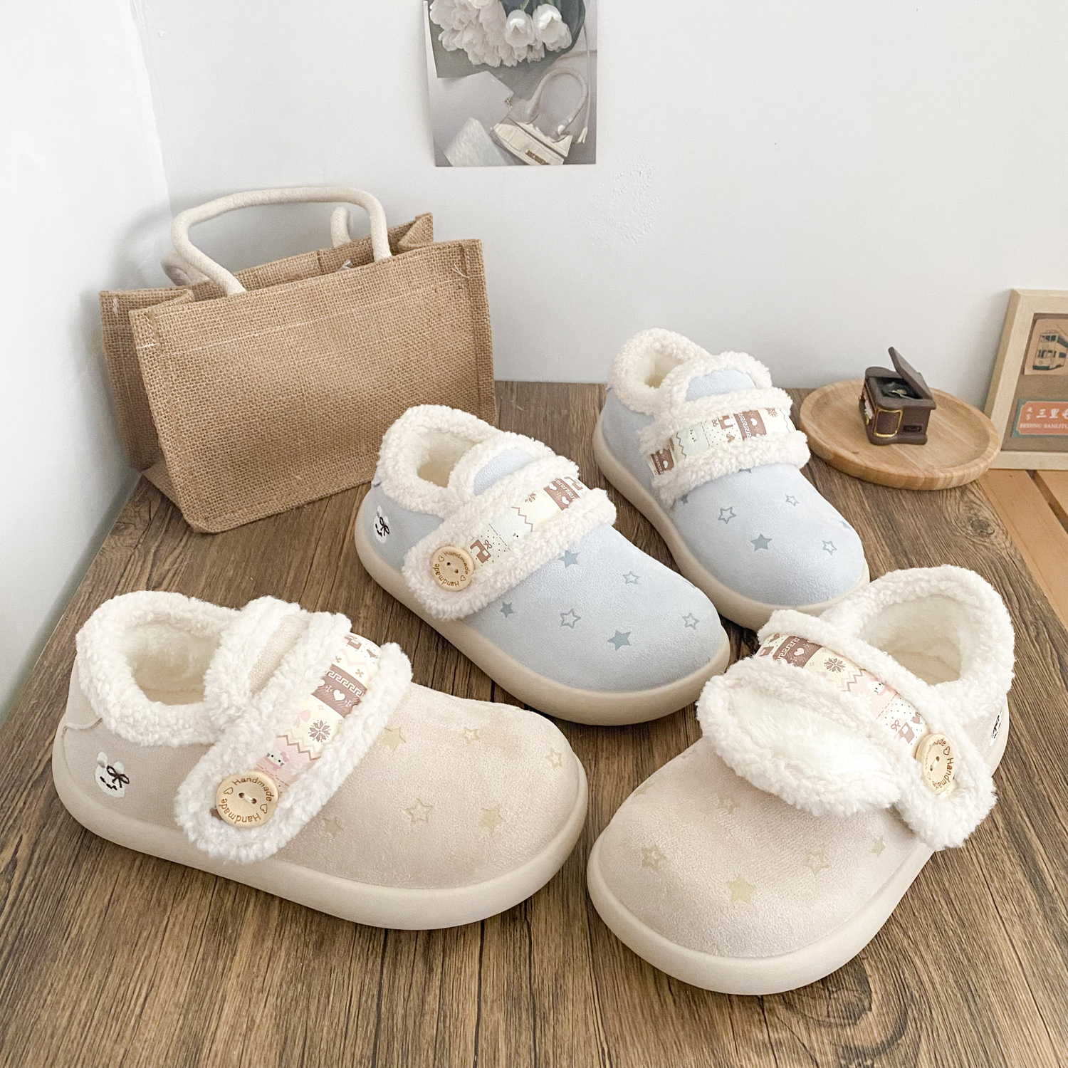 希玥刺绣魔术贴加绒面包鞋女款2025冬季韩系棉鞋百搭保暖二棉板鞋