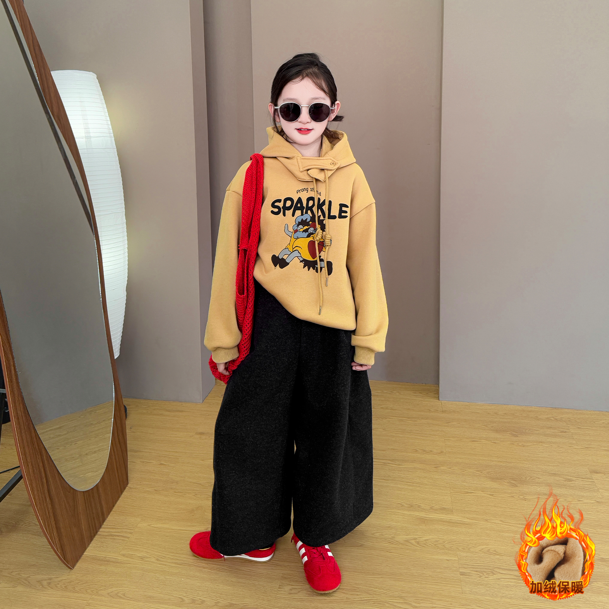 女童2025新款儿童秋冬季韩系可拆卸帽子休闲加绒保暖卫衣卫裤套装