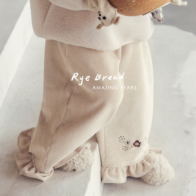 ryebread/黑面包童装 韩系刺绣女小童加绒花瓣装饰裤边休闲裤4冬
