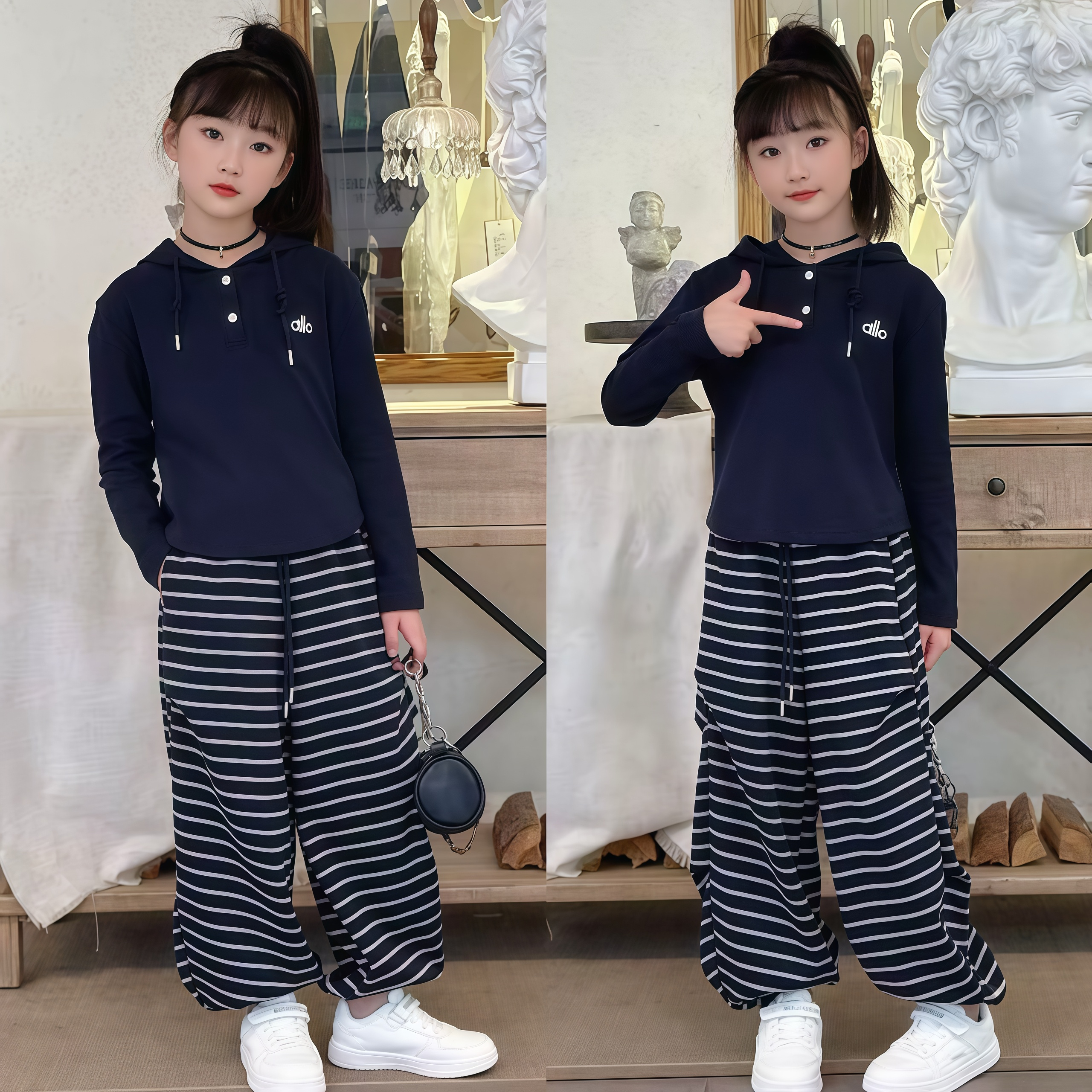 女童2025新款秋装连帽衫条纹裤套装韩版儿童休闲宽松阔腿裤两家套
