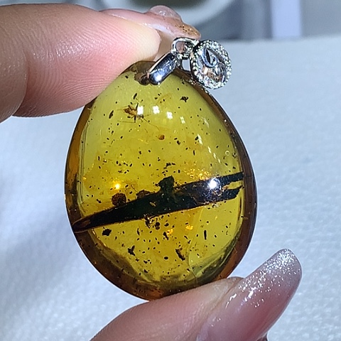 琥珀颈饰银S925镶嵌植物带虫吊坠