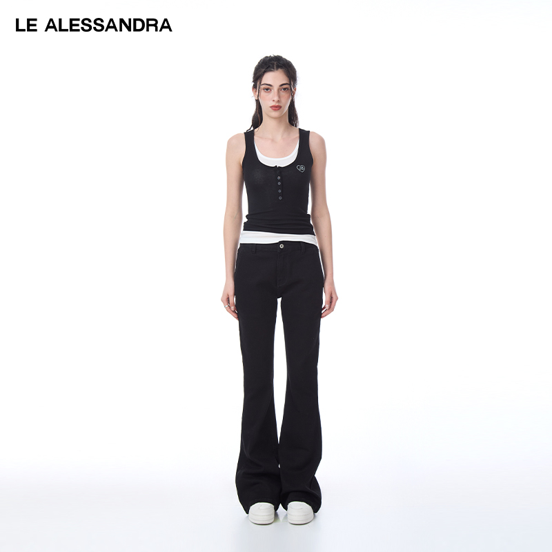 品牌直营 LE ALESSANDRA 黑白撞色假两件亨利扣背心钻饰爱心上衣