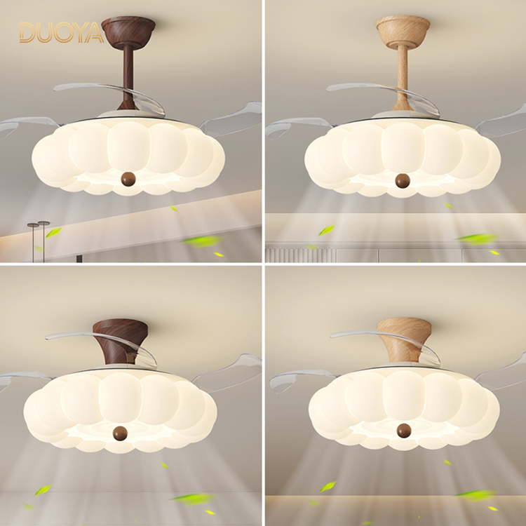 中古风胡桃木色泡泡卧室风扇灯新中式吊扇灯简约餐厅一体电风扇灯