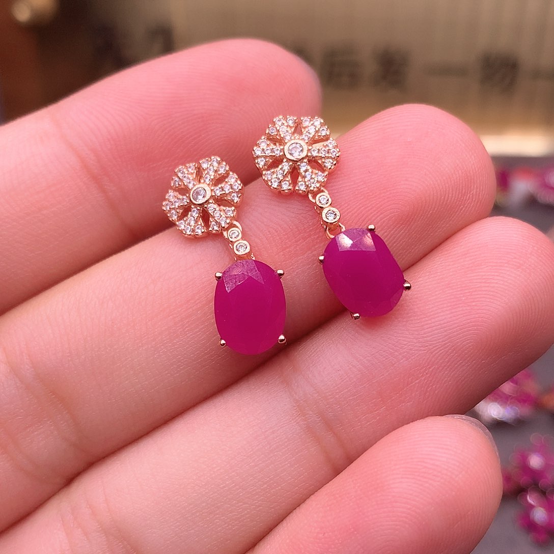 红宝石耳饰银S925镶嵌