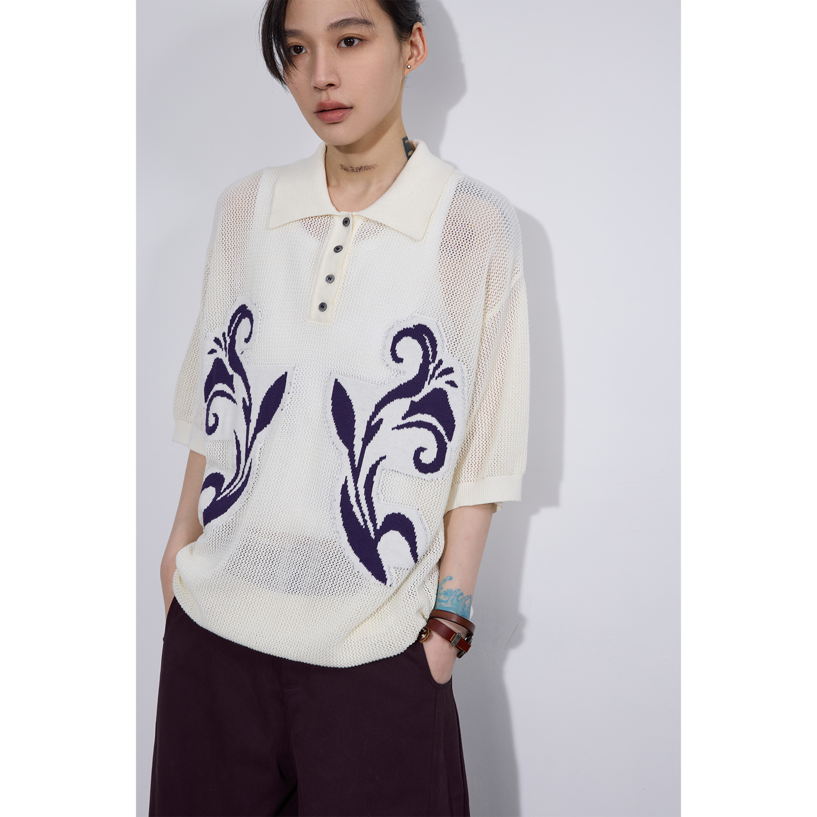 SAMEUOO散养文化 【 静谧百合】短袖针织polo领镂空提花上衣