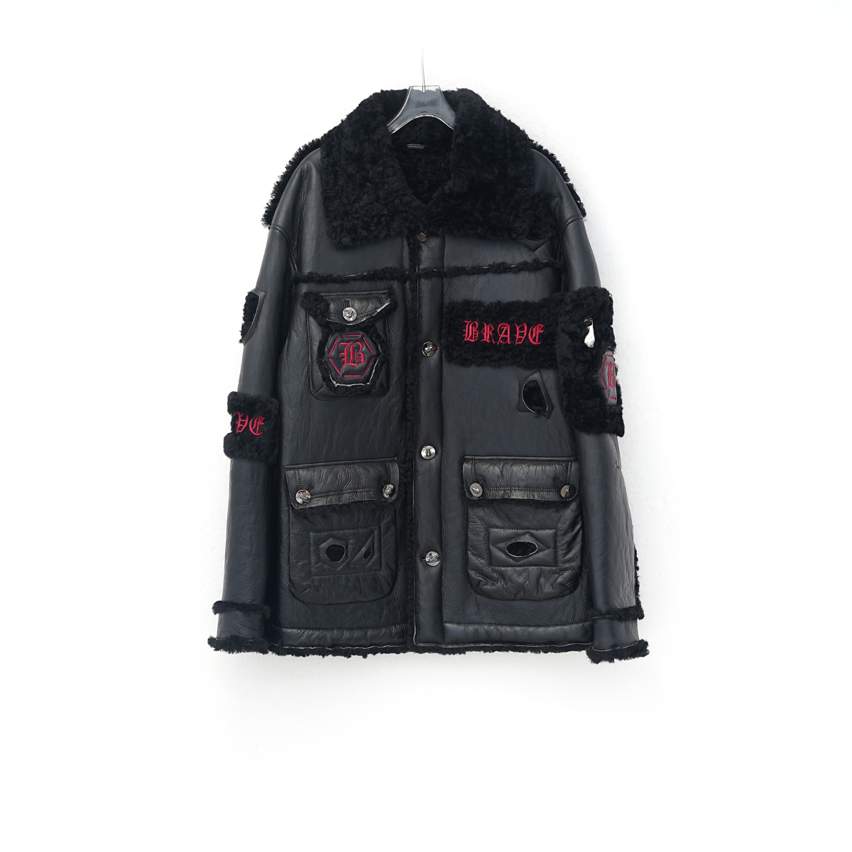 黑色皮毛一体拼接外套男长袖方领设计风加厚皮草羊毛皮保暖 079