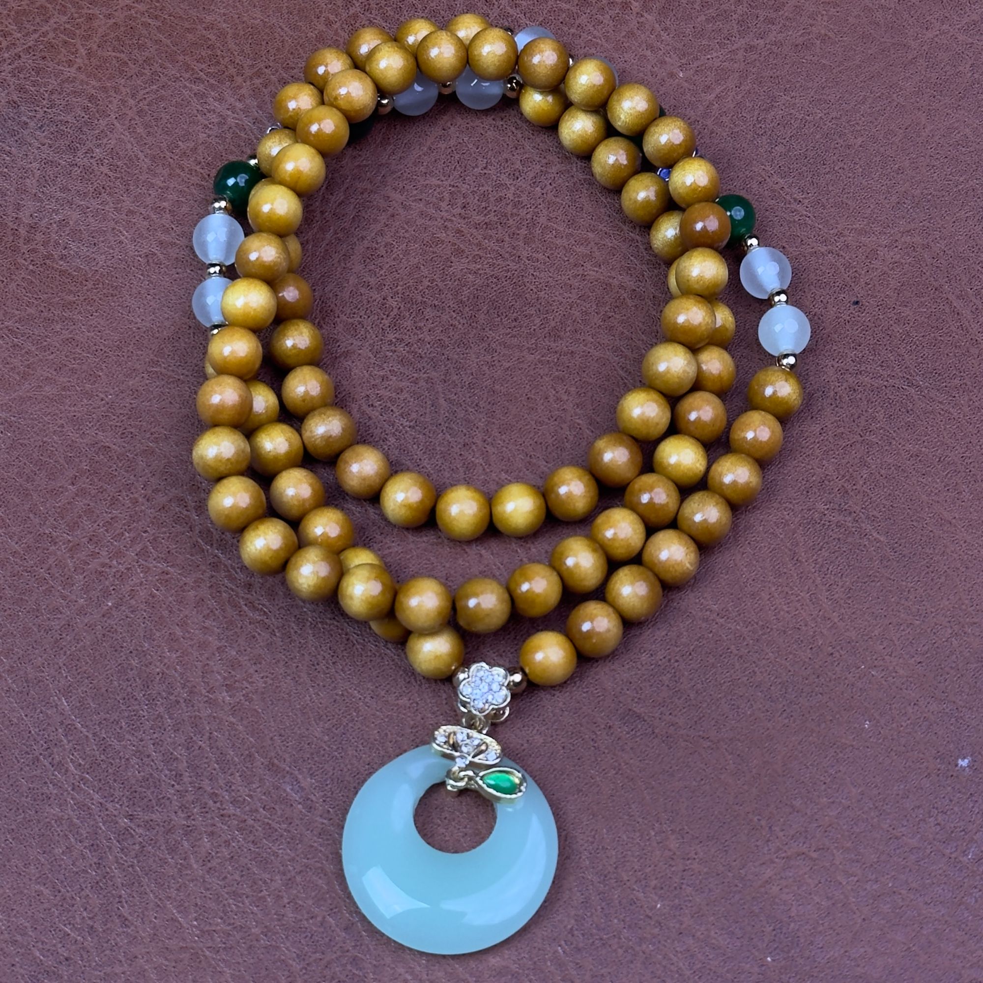 金丝楠108+绿珠白珠绿平安扣（无礼盒）K310