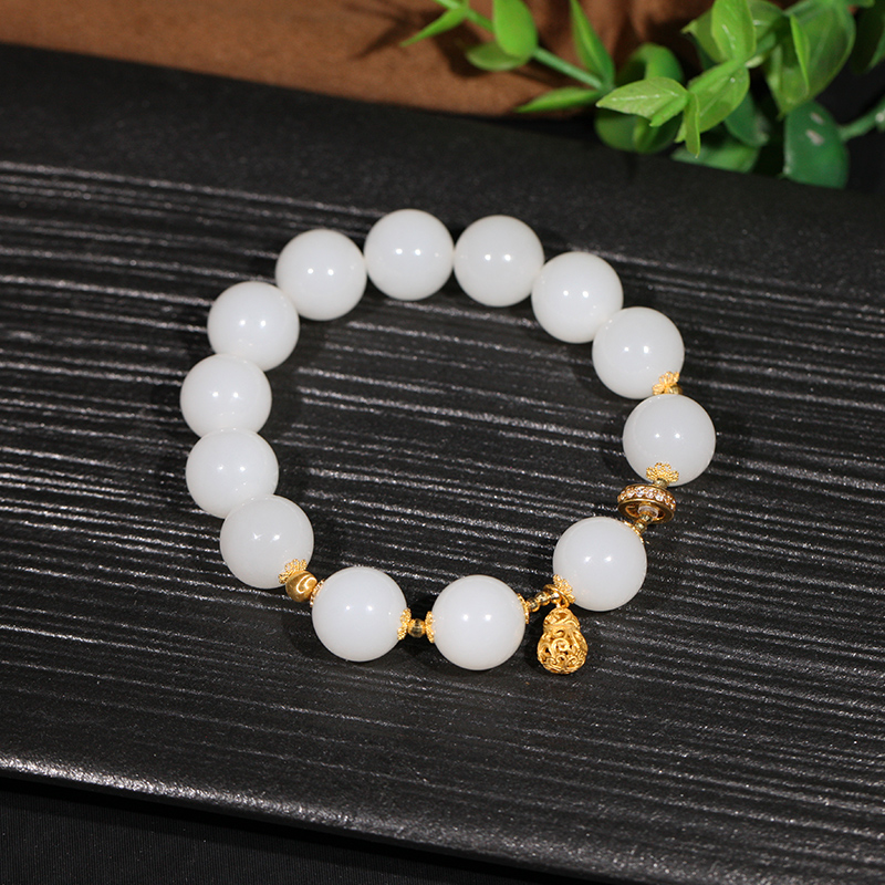 【叶叶珠宝】858和田玉新疆白玉圆珠手串手链18k金配饰卡11mm