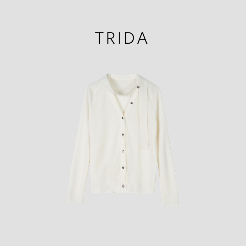 【Trida】两色法式羊毛混纺系带单排扣开衫针织衫111401