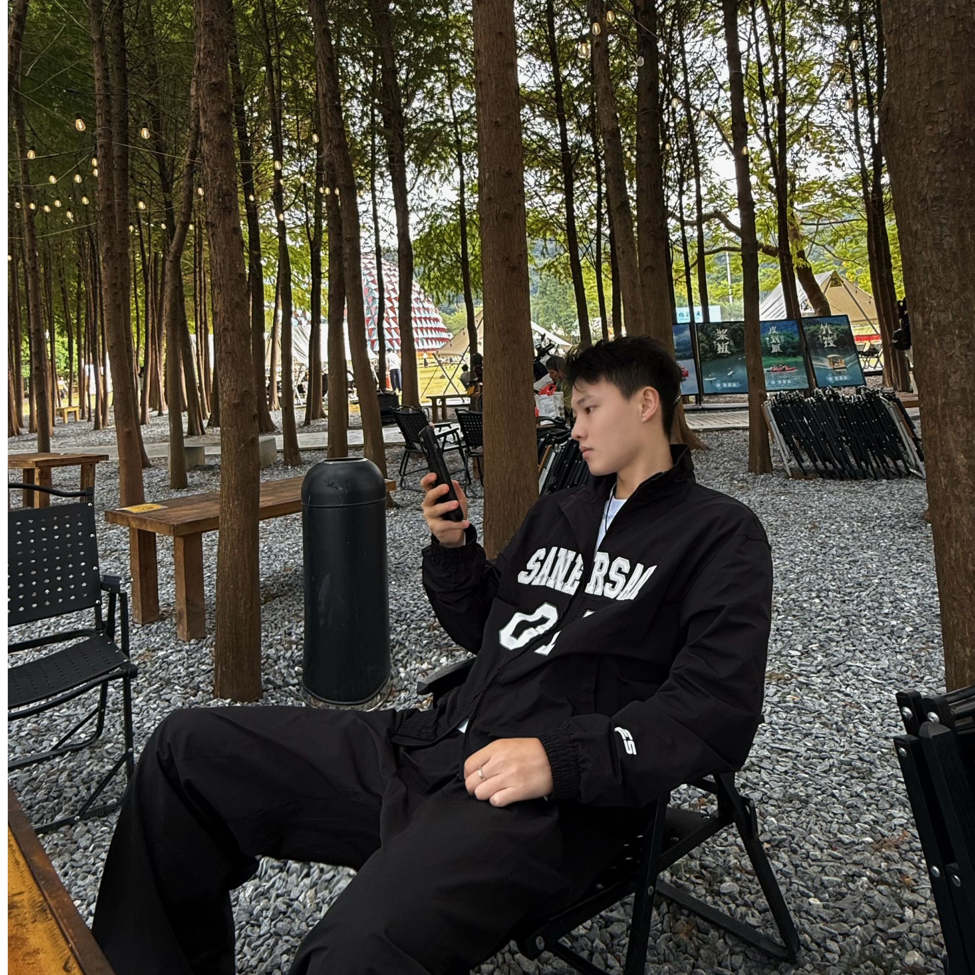 AHUAN 美式复古字母印花立领夹克运动套装