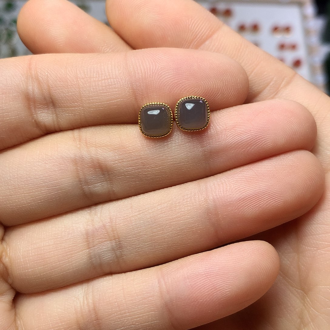 银S925镀金镶嵌和田玉（白玉）耳饰墨*