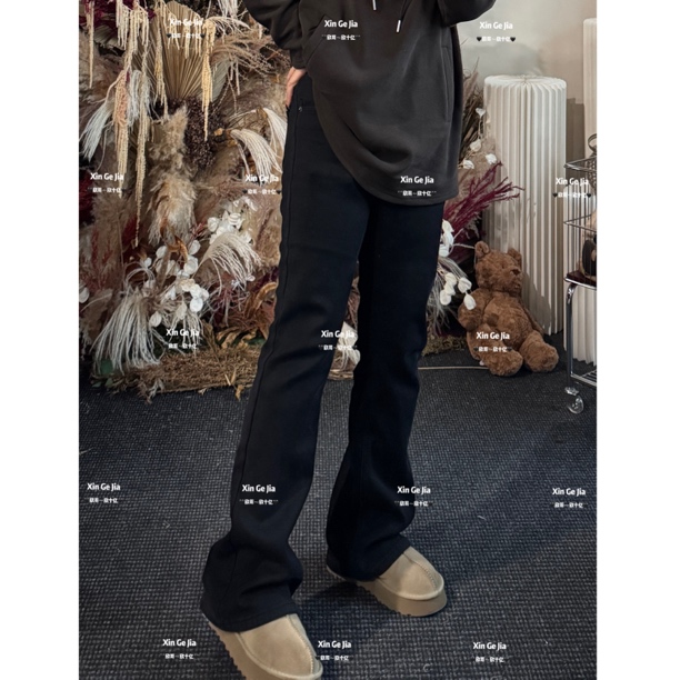 【欣哥家】微胖大码 秋冬加绒“微喇”牛仔长裤