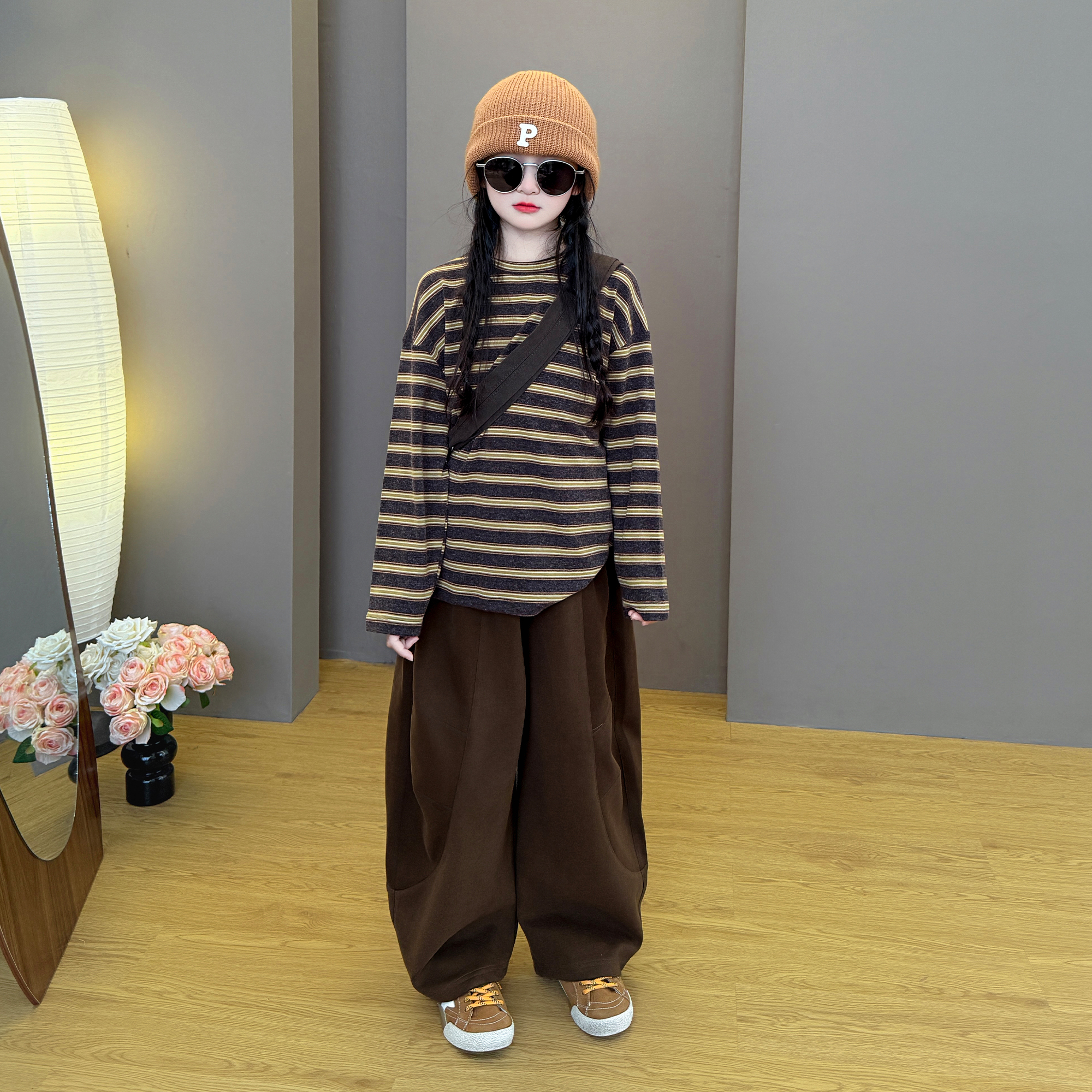 女童套装春秋2025新款洋气儿童条纹衬衫休闲女孩阔腿裤两件套潮酷