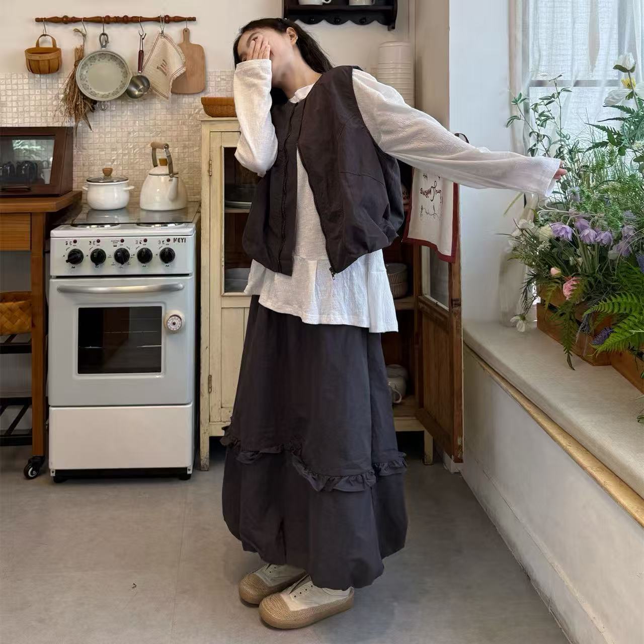 韩系叠穿马甲长袖不规则T恤花边半身裙女2025显瘦洋气拼接套装