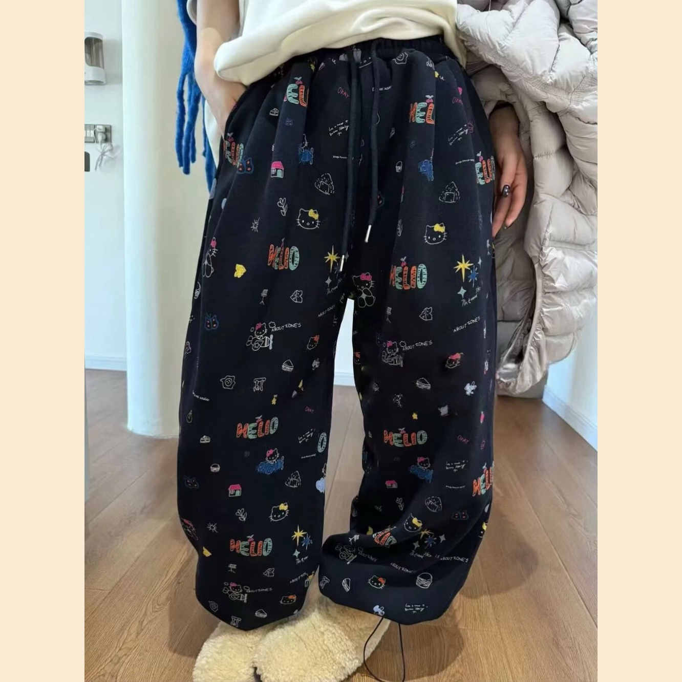 卡通猫满印印花加绒休闲阔腿裤休闲裤长裤子