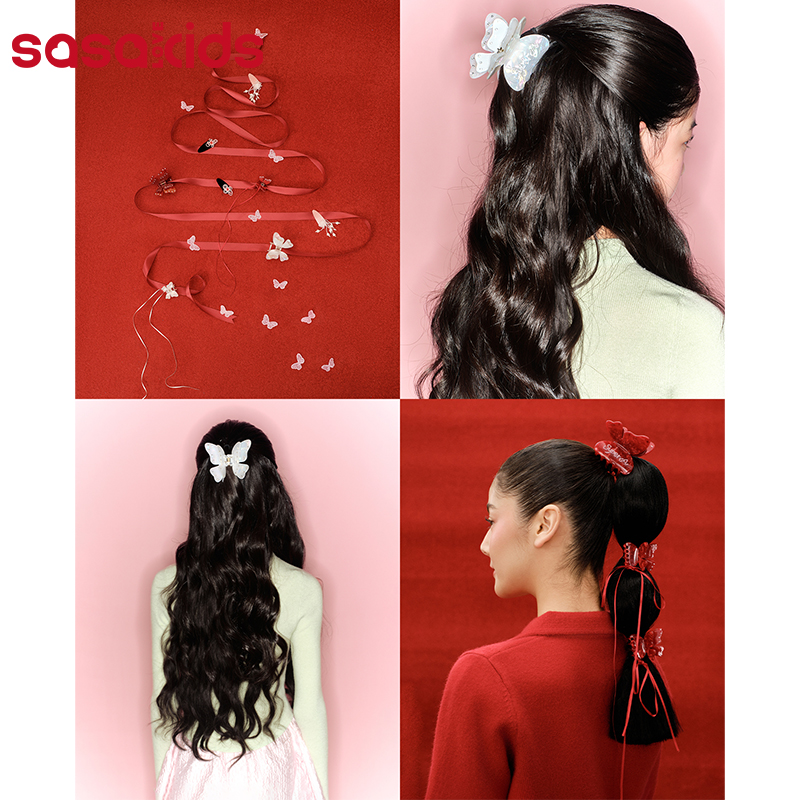 sasakids蝴蝶抓夹半扎发夹新中式飘带发卡头饰女童