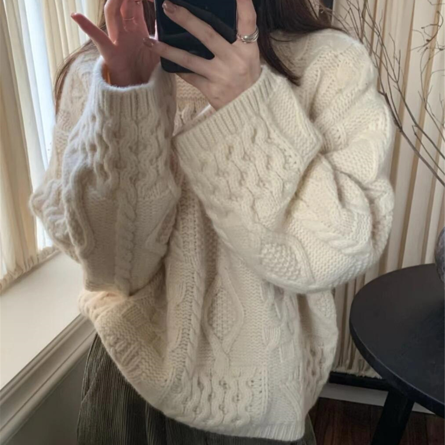 韩系白色麻花套头毛衣女秋冬2025新款慵懒高级感宽松加厚针织上衣