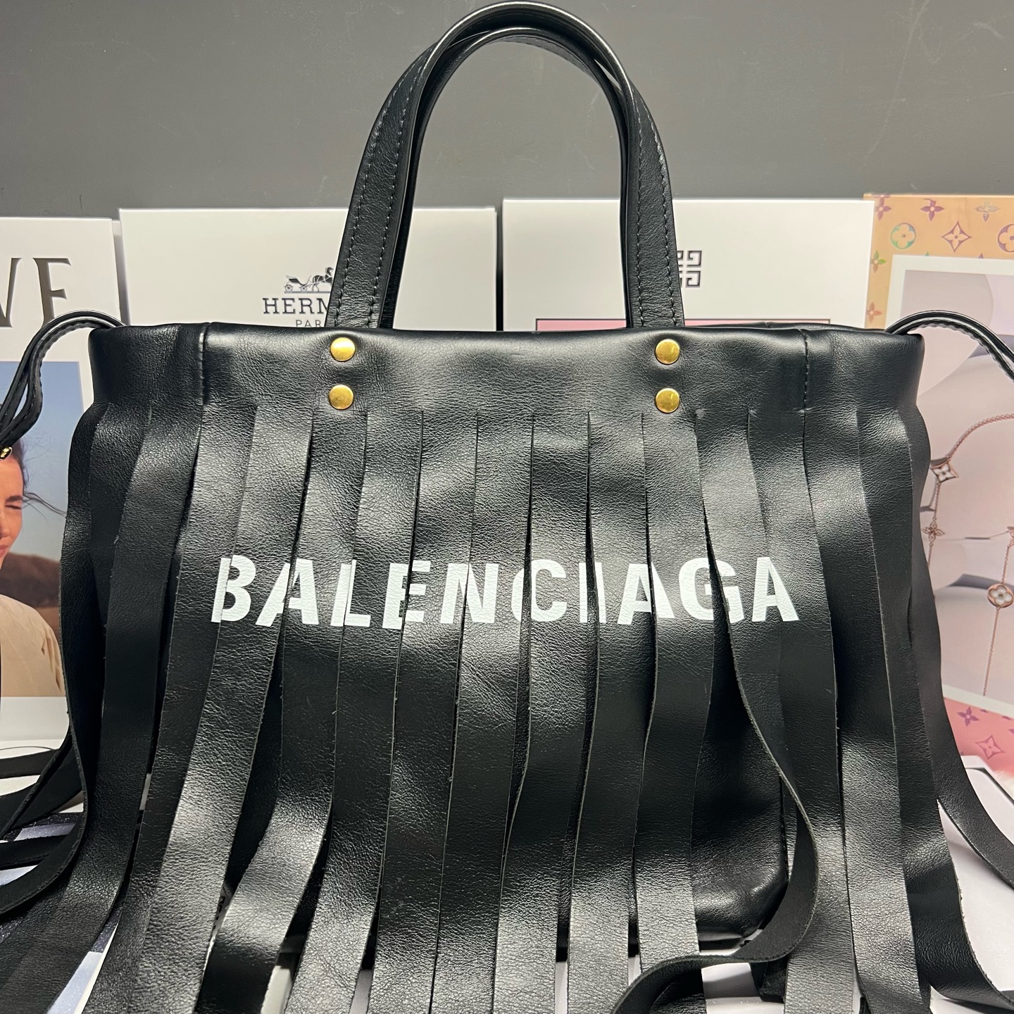 99新 Balenciaga/巴黎世家 黑色流苏logo牛皮 手提斜挎包80279