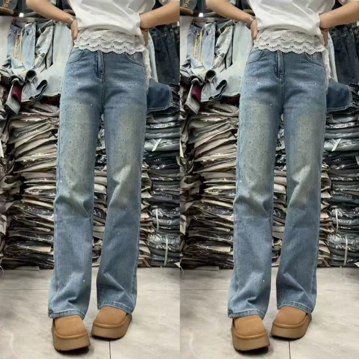 6339复古蓝烫钻高弹窄版直筒裤