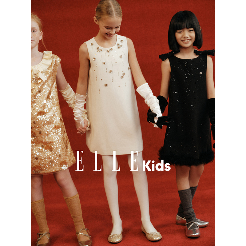 ELLE KIDS童装 手工订花烫钻毛呢背心裙女童冬新年系列连衣裙D6