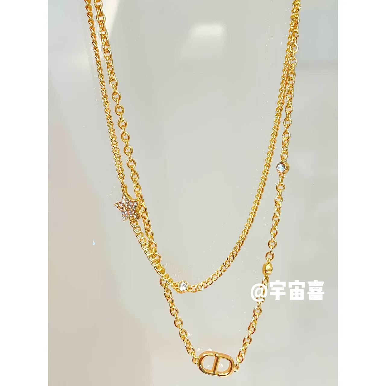 铜合金锆石项链 H3-084【双层五角星白锆猪鼻子金色链条项链】