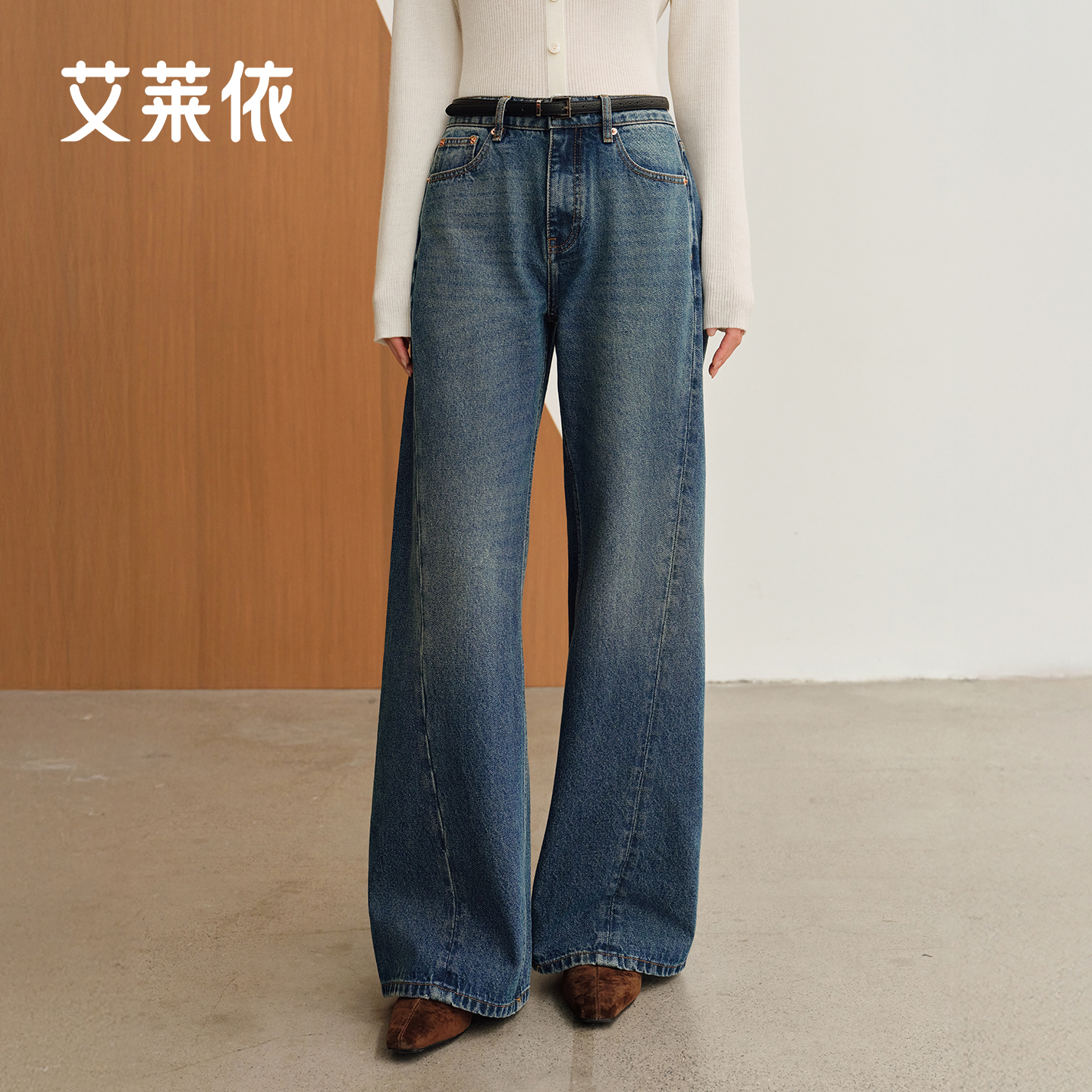 艾莱依直筒牛仔裤女士新款秋冬时尚百搭通勤蓝色显瘦裤子休闲6003