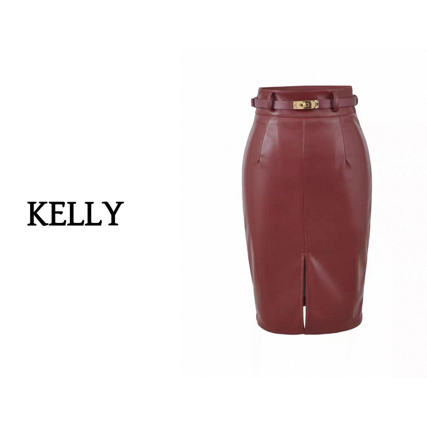 KELLY/姐系天菜/高腰开叉皮裙/带腰带修身包臀裙/收腰显瘦半身裙
