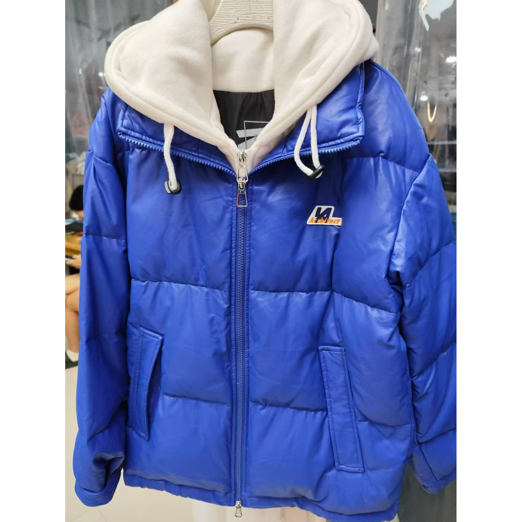 A18#pu皮免洗男女同款2024秋冬季假两件连帽羽绒服潮流时尚外套