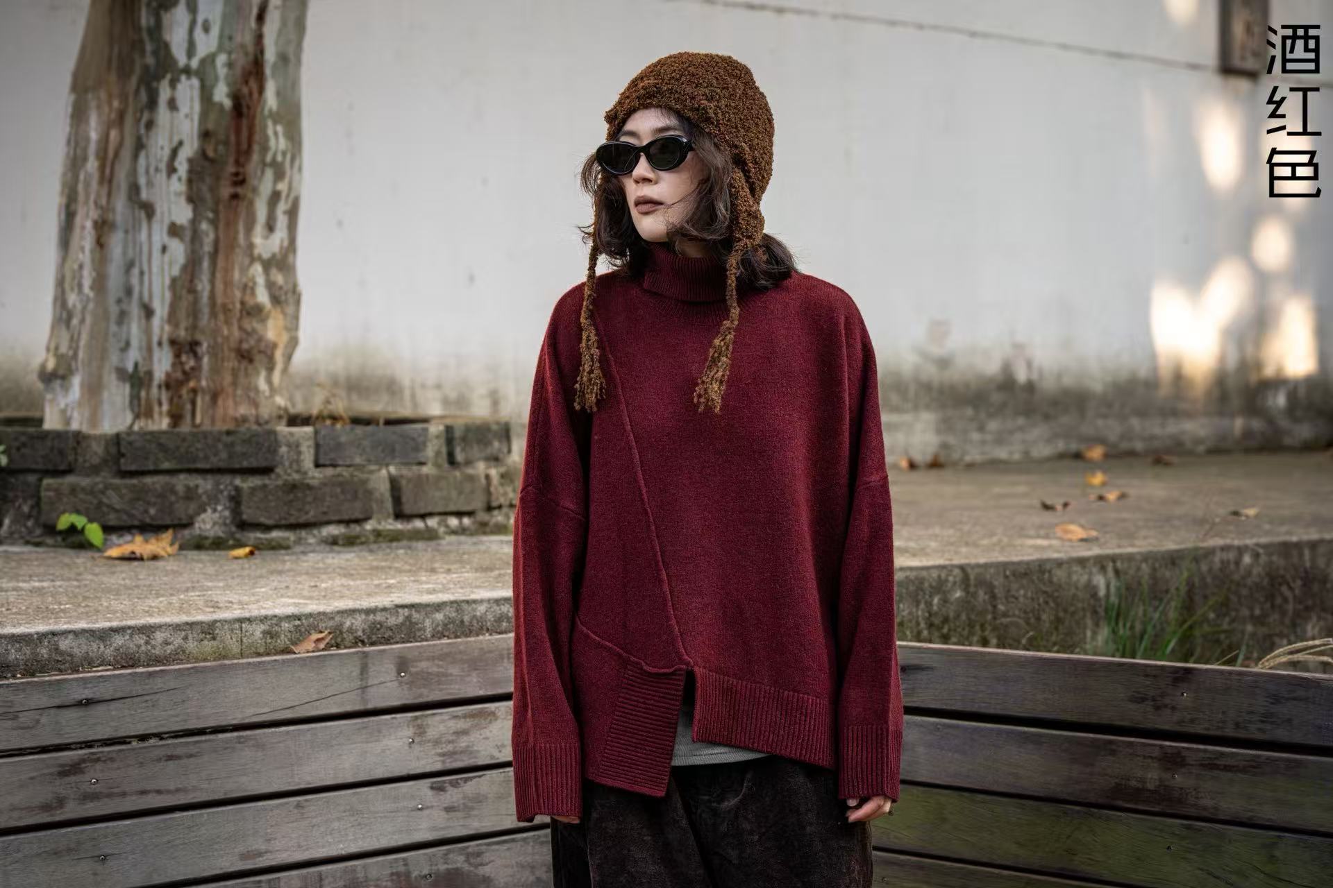 疯子张25秋冬极简风休闲版型毛针织衫半高领不规则拼接毛衣08581