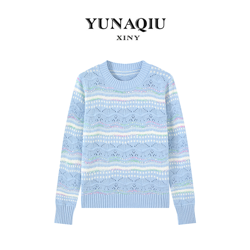 YUNAQIU新款秋季蓝色高级感女士气质条纹镂空长袖针织套头衫-5224