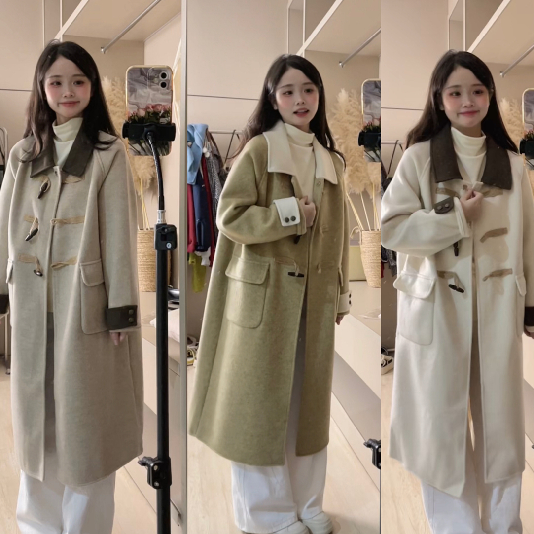 小个子韩系双面呢拼色牛角扣大衣1331