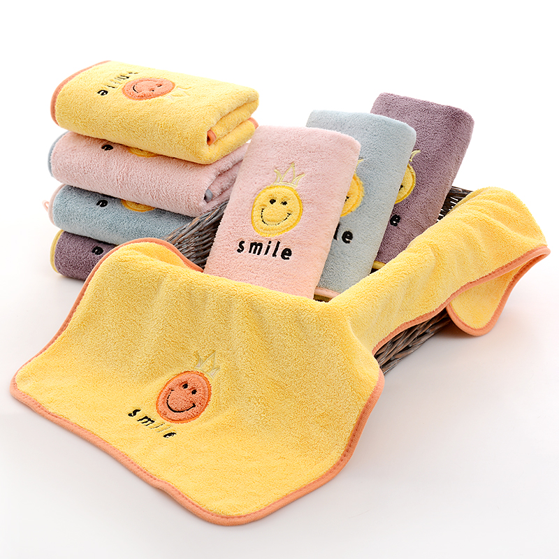 柔软可爱笑脸吸水加厚超柔家用珊瑚绒毛巾批发定制logo绣名字