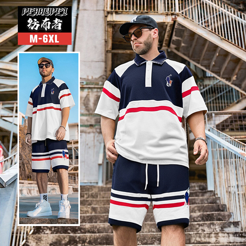 纺布者潮大码男装夏季小马刺绣短袖polo衫五分短裤套装胖子BA2109