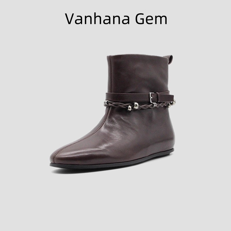 VANHANA GEM时装真皮靴欧美风英伦风复古马丁靴圆头粗跟套筒靴