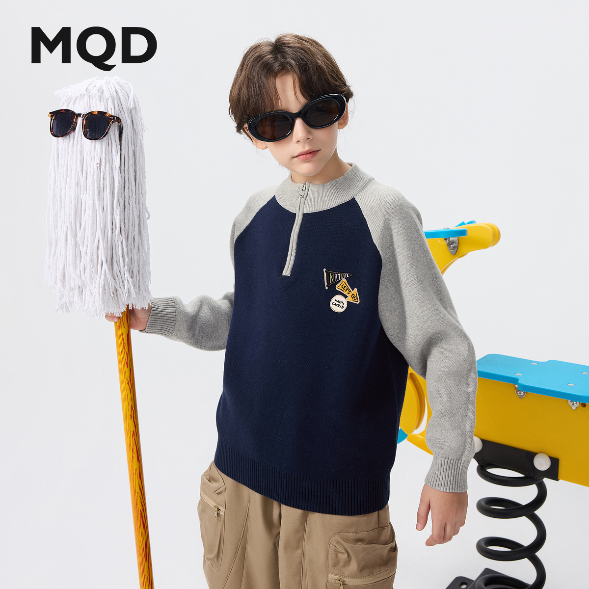 MQD男童25秋冬新撞色插肩袖学院风半开襟针织衫套头毛衣9654W0705