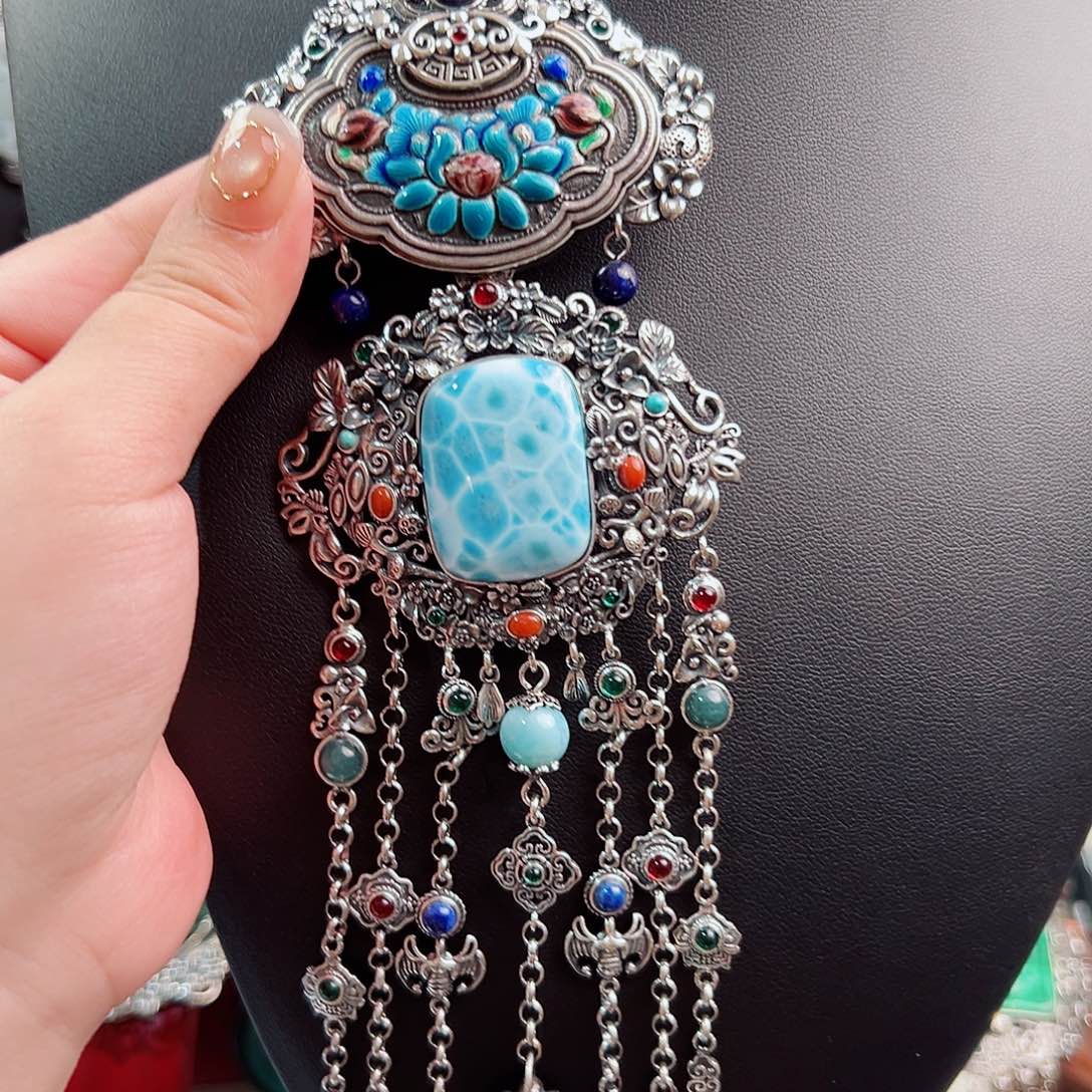 银S925镶嵌针钠钙石颈饰国风