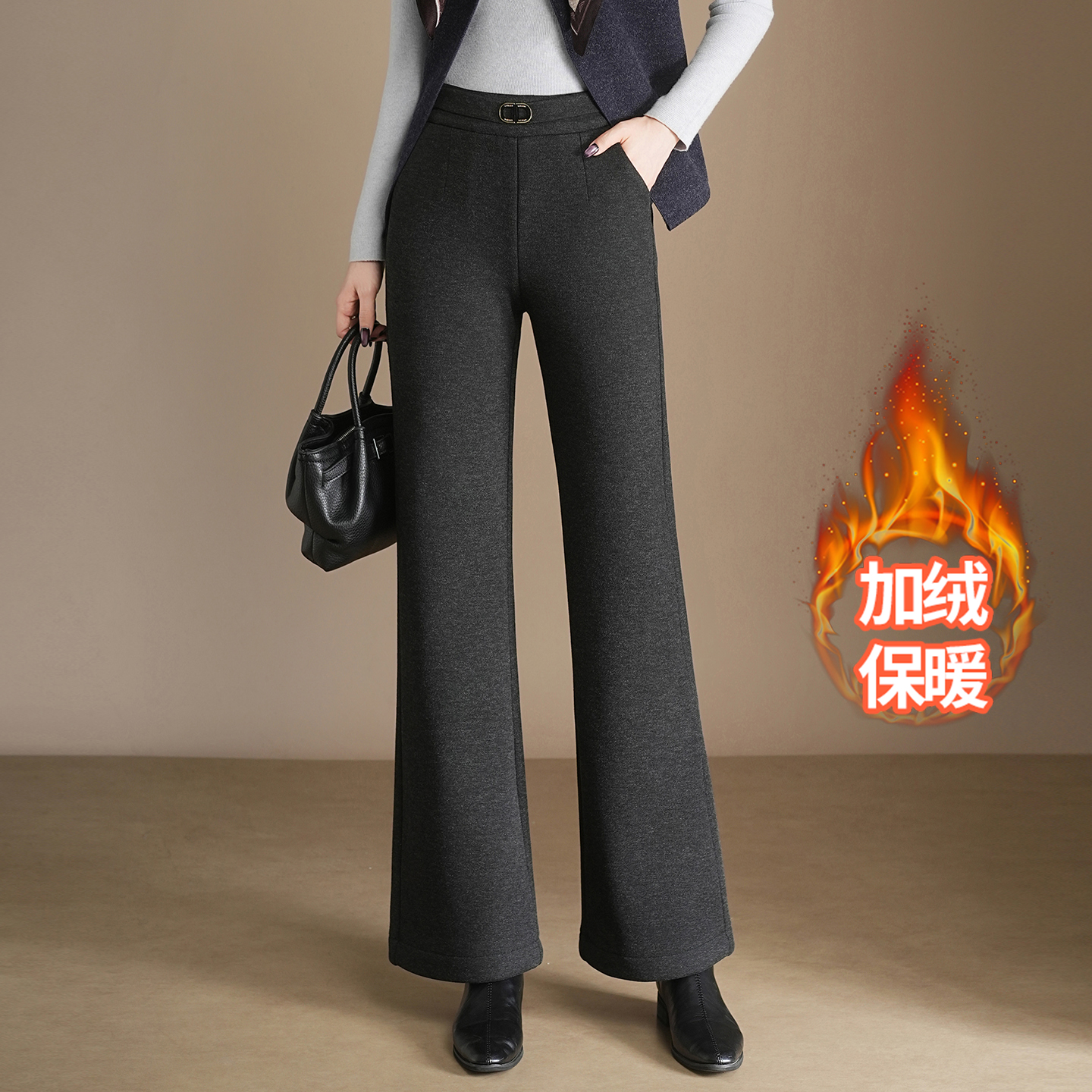 九分加绒羊毛呢微喇裤女高腰冬季小个子妈妈显瘦显腿长直筒喇叭裤