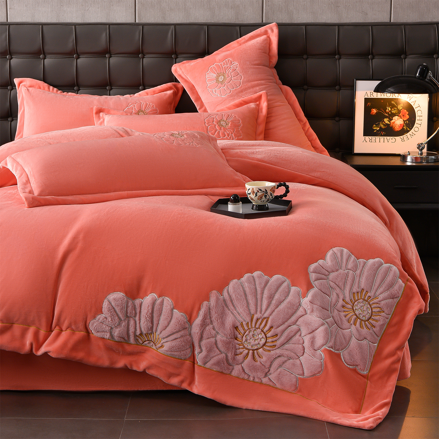 【绽放】橙加厚贴布绣花锦肤绒四件套牛奶绒婴肤绒被套枕套