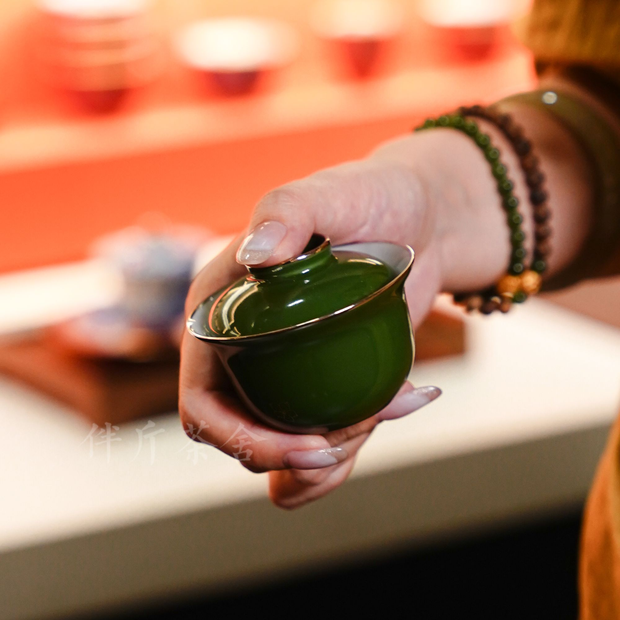 华隐堂   石绿宝宝盖碗  茶具茶道手工主人杯手绘DMFH2156